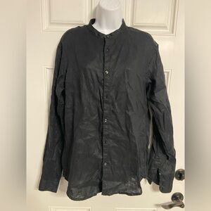 T32a- CLAYTON Black LINEN High Neck NERO Button Up Shirt